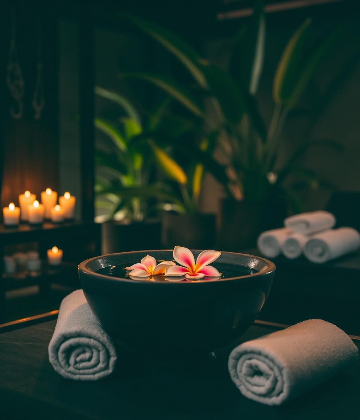 Balinese spa ritual with frangipani and candles