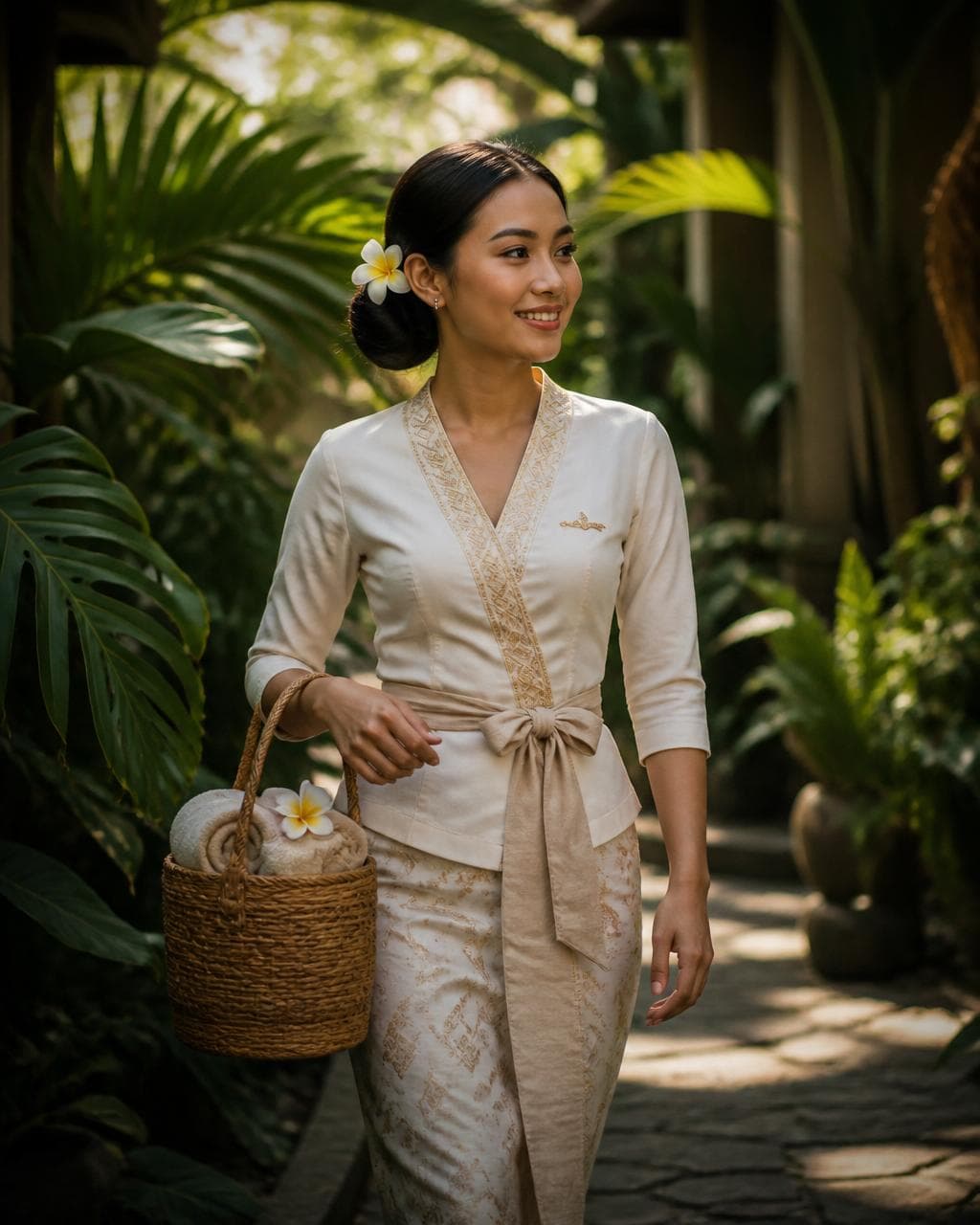 Balinese massage therapist in traditional uniform arriving for a home service session
